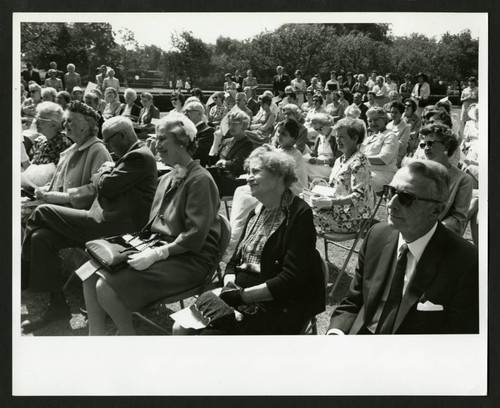 Audience listens to speakers at the dedication of Drake Wing celebration, Scripps College