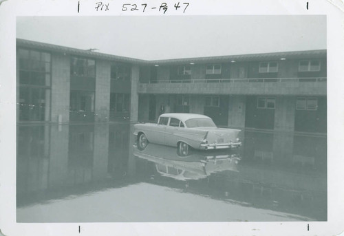 Mildred E. Mudd Hall courtyard after heavy rains, Harvey Mudd College