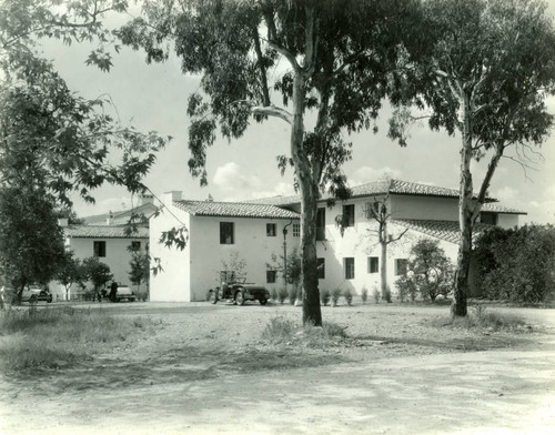 Clark Hall and cars, Pomona College