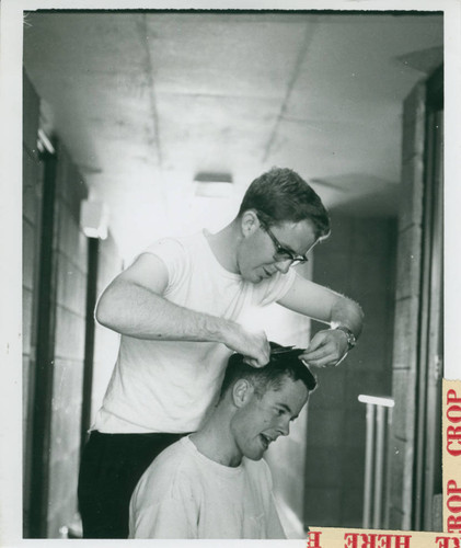 Student getting haircut, Harvey Mudd College