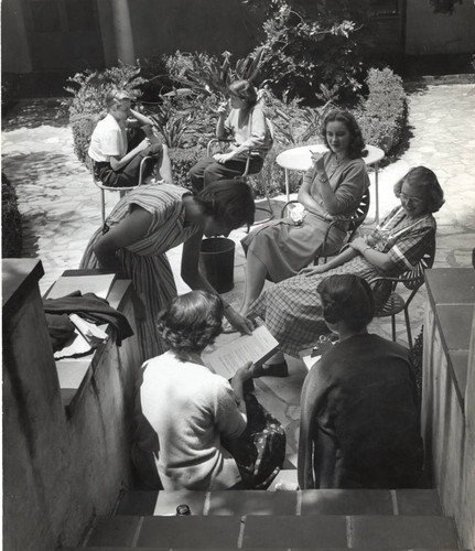 Students relaxing in a courtyard, Scripps College