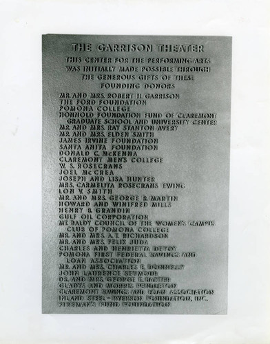 Garrison Theater dedication plaque, Claremont University Consortium