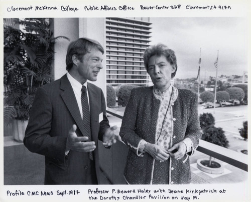 P. Edward Haley standing with Jeane Kirkpatrick, Claremont McKenna College