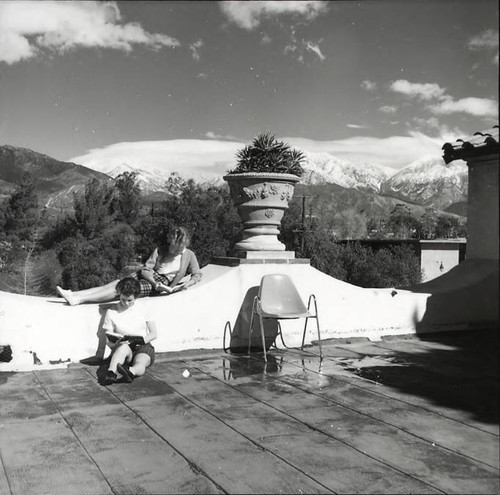 Students on patio of Browning Hall, Scripps College