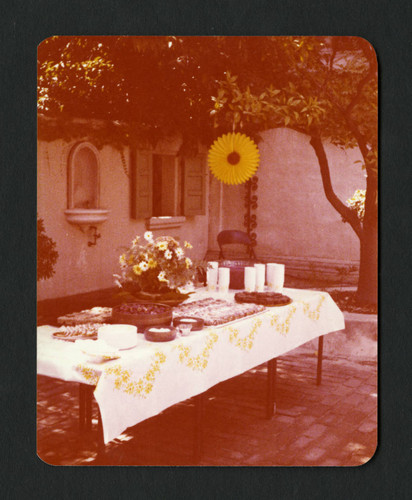 Snack table and decorations for Jane Shanck's 10th anniversary party, Scripps College