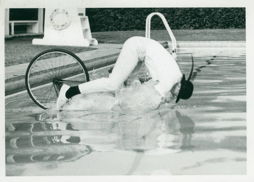 Student rides bicycle into pool, Harvey Mudd College