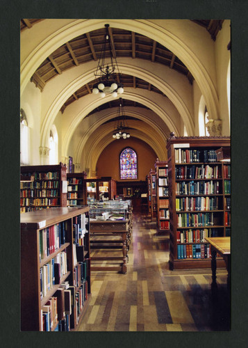 View of the main reading room in Denison Library from the front door, Scripps College