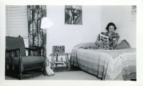 Dormitory room, woman reading, Pomona College
