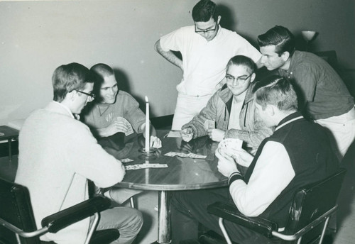 Students playing card game, Harvey Mudd College