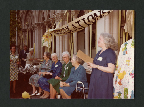 Judy Harvey Sahak speaking at Denison Library's 50th birthday party, Scripps College