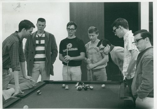 Students playing pool, Harvey Mudd College