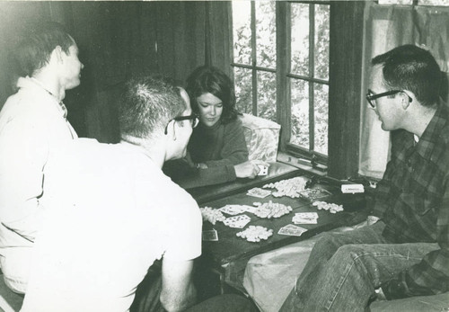 Students playing card game, Scripps College
