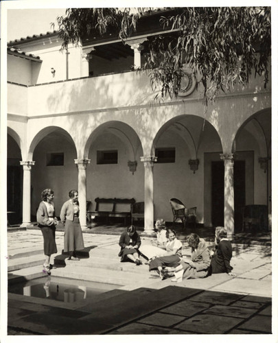 Students around fountain, Scripps College