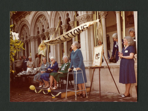 Dorothy Drake speaking at Denison Library's 50th birthday celebration, Scripps College