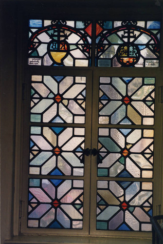 Stained glass in Rare Book Room of Denison Library, Scripps College