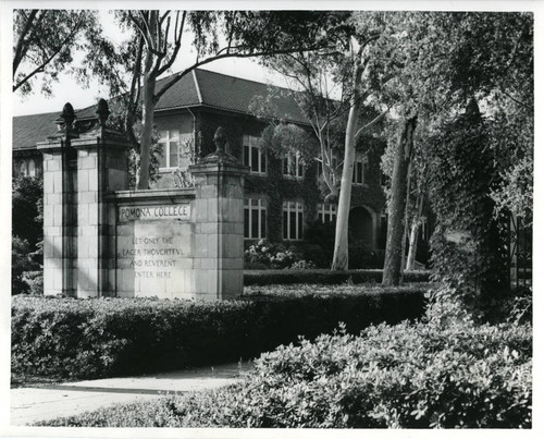 Holmes Hall and the college gate, Pomona College