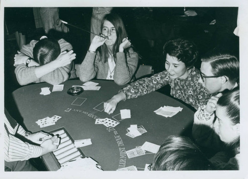 Card table at dorm party, Harvey Mudd College