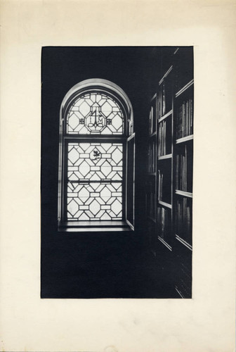 Stained glass window in Rare Book Room of Denison Library