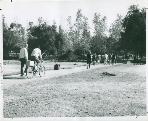 Students riding bicycles, Harvey Mudd College