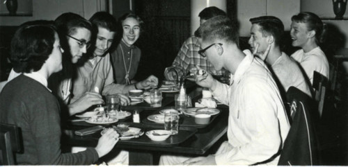 Dining hall, students eating, Pomona College