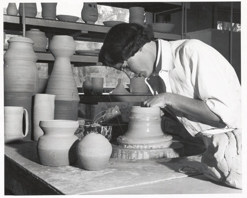 Woman with pottery wheel, Scripps College