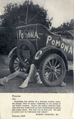 Student works on a car, Pomona College
