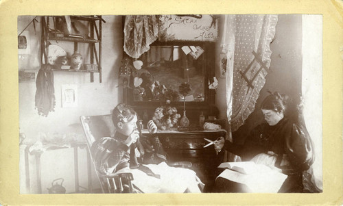 Two women, women's dormitory room, Pomona College