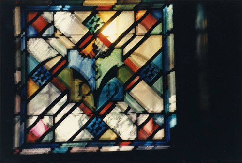 Stained glass in Rare Book Room of Denison Library, Scripps College