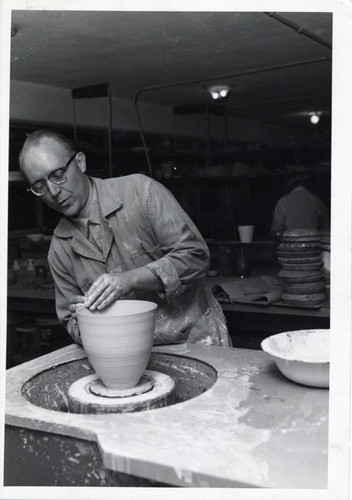 Richard Petterson with pottery wheel, Scripps College