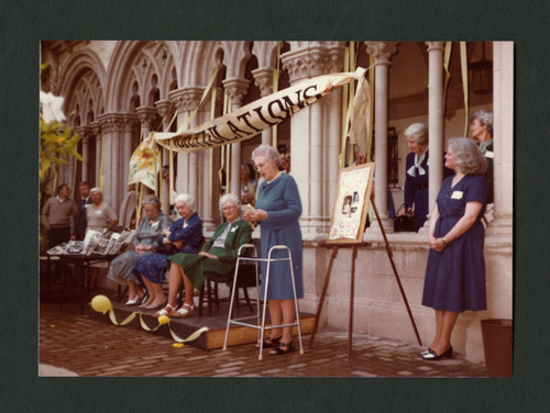 Dorothy Drake making a speech at Denison Libarry's 50th birthday celebration, Scripps College