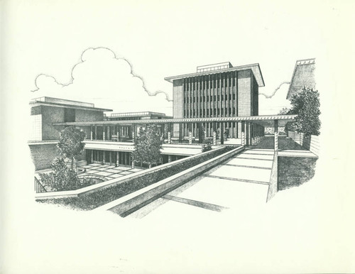 Sprague Library and Hixon Court architectural rendering, Harvey Mudd College