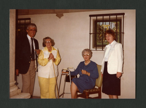 Dorothy Drake, Mitzi James, Nancy and John Chandler at Denison Library's 50th birthday celebration, Scripps College