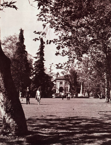 Carnegie Hall and lawn with students, Pomona College