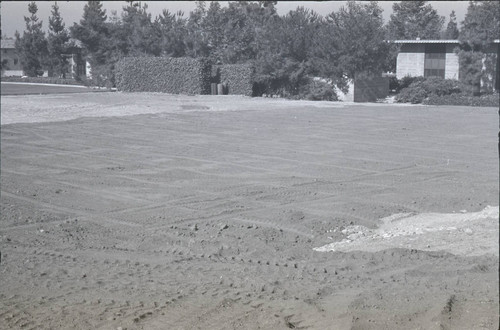 Playing field and corner of North Hall, Harvey Mudd College