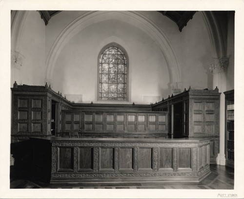 Circulation desk and Gutenberg Window of Denison Library, Scripps College