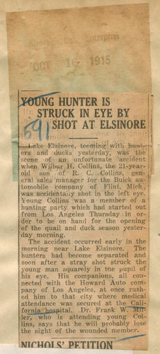 Young hunter is struck in eye by shot at Elsinore