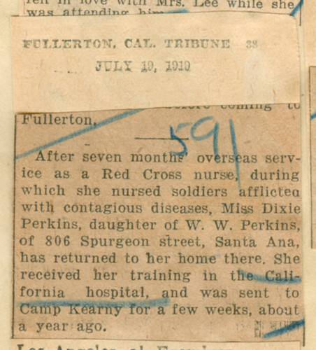 Dixie Perkins returns home from nursing soldiers