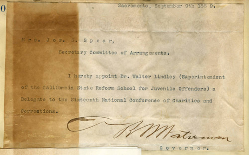 Letter from Governor Robert Waterman to Mrs. Joseph S. Speer