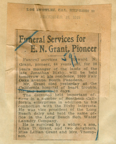 Funeral services for E. N. Grant, pioneer