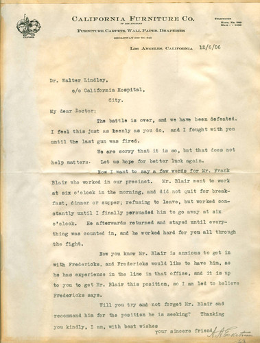 Letter from A. A. Eckstrum to Walter Lindley