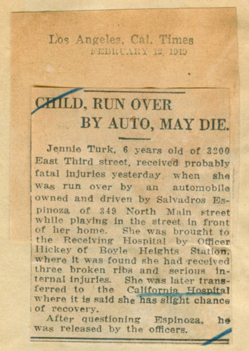 Child, run over by auto, may die