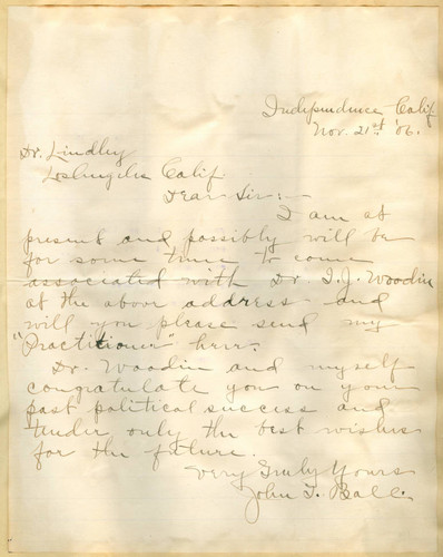 Letter from John Ball to Walter Lindley