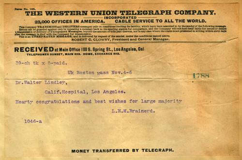 Telegram from L.E.M. Brainerd to Walter Lindley