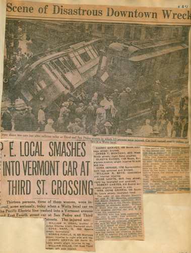 Pacific Electric local smashes into Vermont car at Third Street crossing