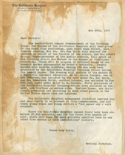 Letter from Walter Lindley to California Hospital physicians