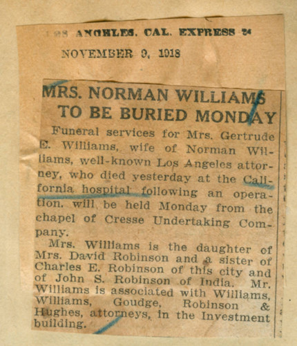 Mrs. Norman Williams to be buried Monday