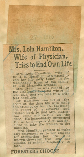 Mrs. Lola Hamilton, wife of physician, tries to end own life