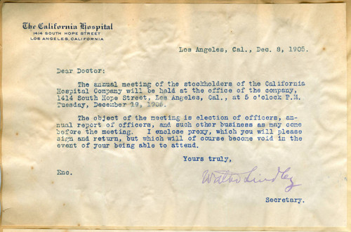 Letter from Walter Lindley to stockholders of California Hospital