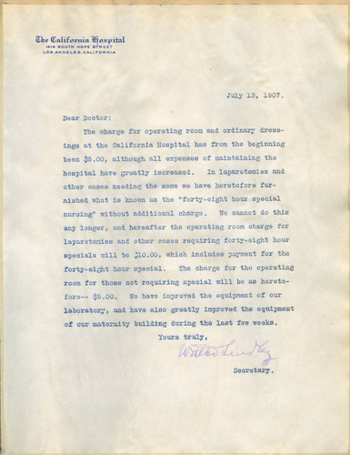 Letter from Walter Lindley to physicians