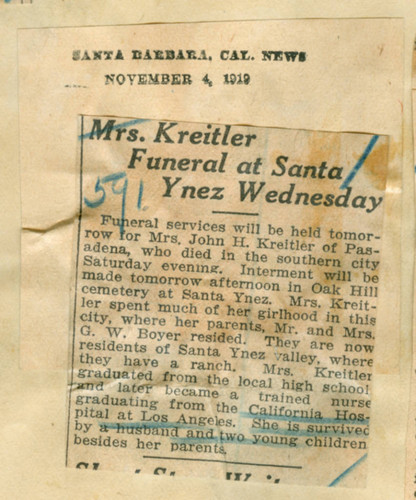 Mrs. Kreitler funeral at Santa Ynez Wednesday